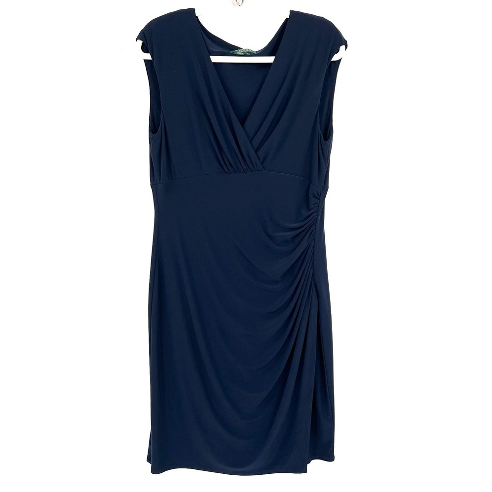 Lauren Ralph Lauren vintage rouched side navy blue shift dress slinky stretch 14